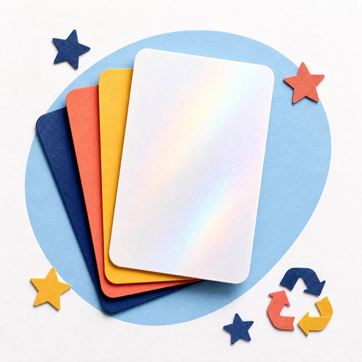 Layered paper cards in navy, coral, yellow, and foil white