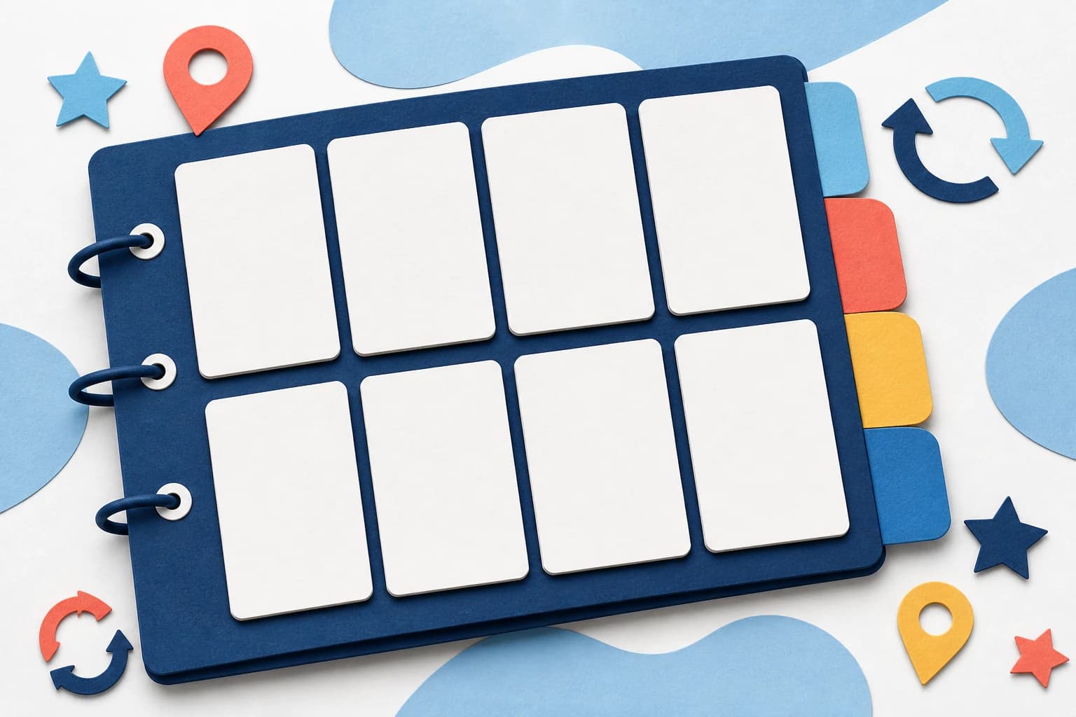 Paper-cut collection binder with blank card slots and map markers