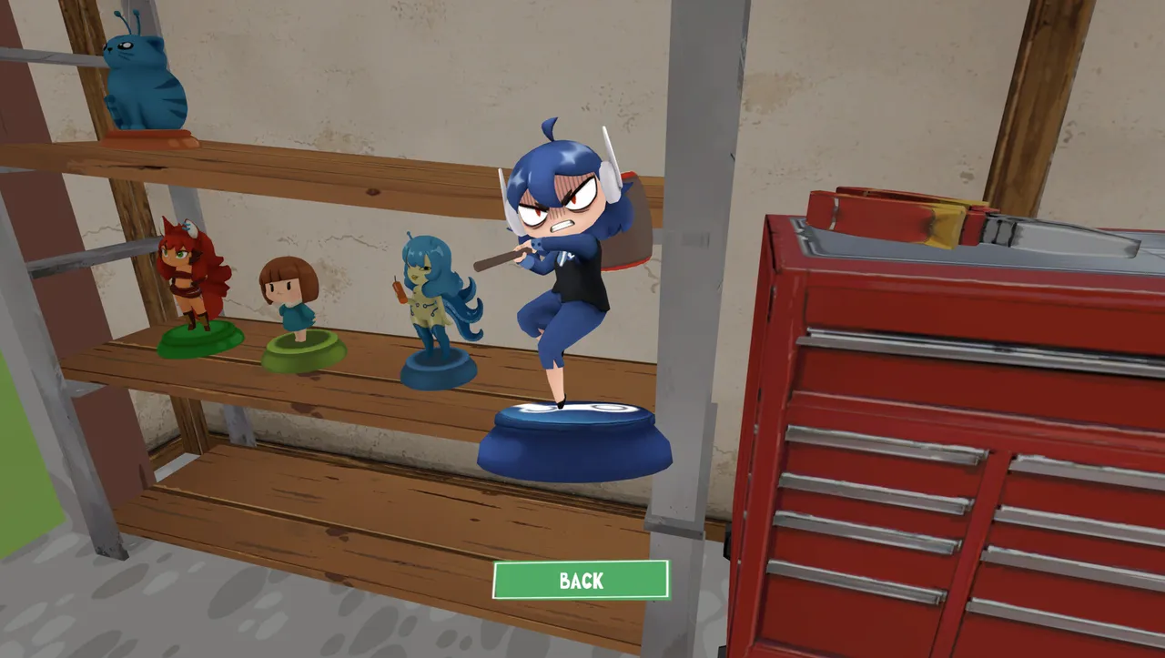 Collected KOTAMON figurines arranged on wooden shelves beside a red tool cabinet