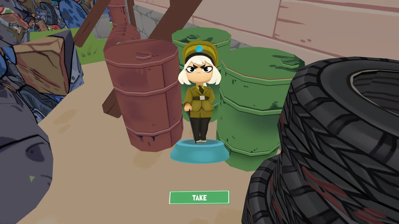 A collectible figurine found among barrels and tires in KOTAMON