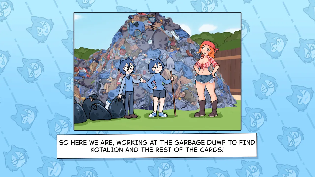 An illustrated KOTAMON story panel showing the characters beside a rubbish pile