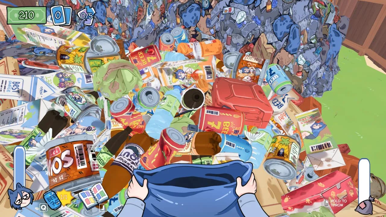 First-person KOTAMON view of a rubbish pile with cartons, tires and a collection bag
